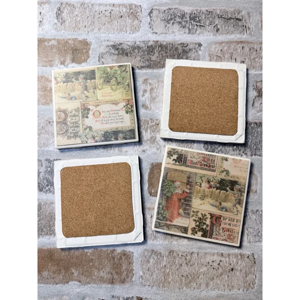 Vintage Style Christmas Coasters Set of 4 Ceramic Cork Back Holiday Decor 4x4